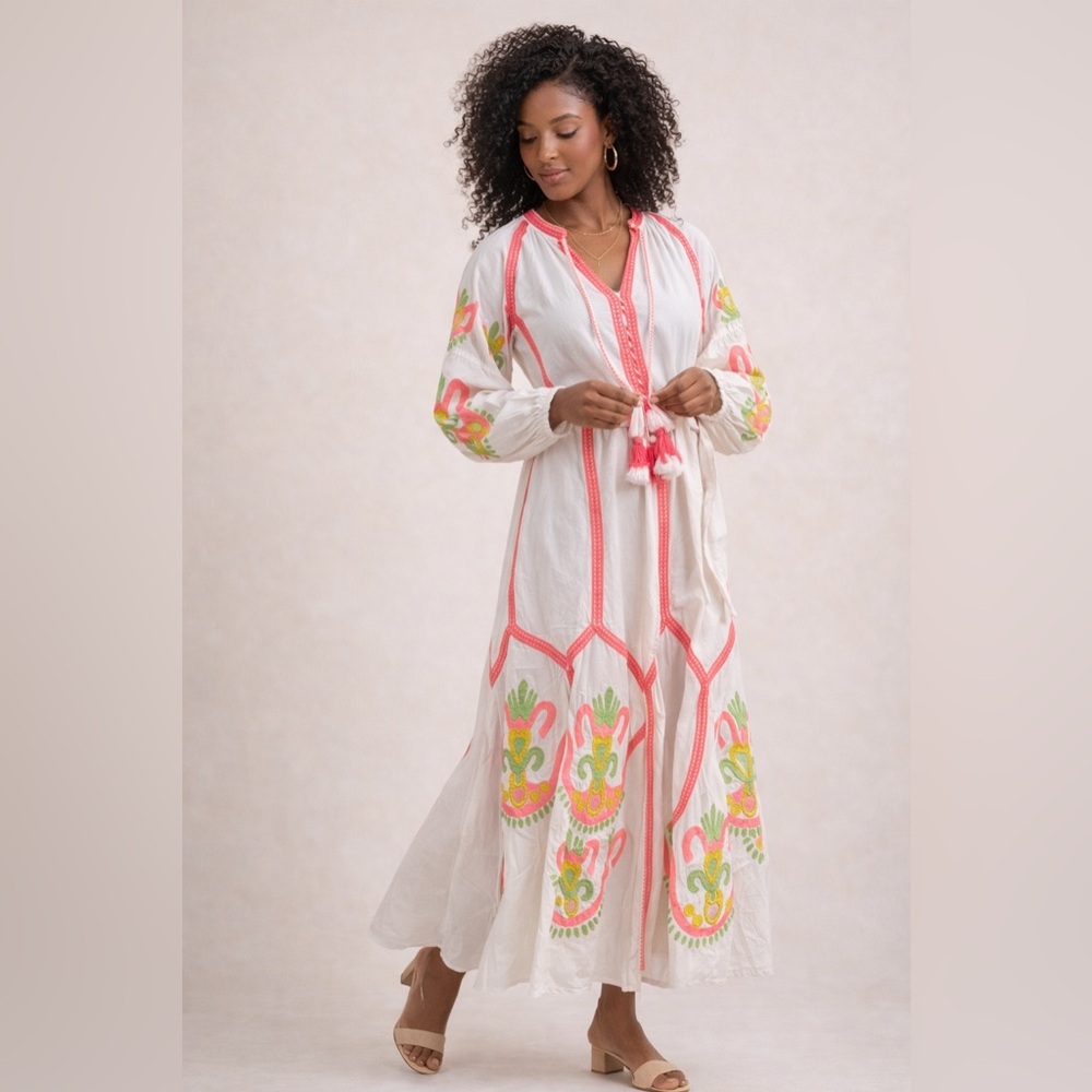 Embroidered White and Pink Maxi Dress - Picture 1 of 5